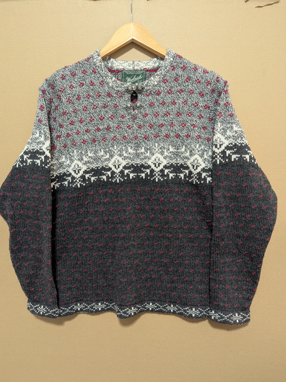 Woolrich Lambswool Nordic Fair Isle Sweater Knit Cabin Womens Large Charcoal